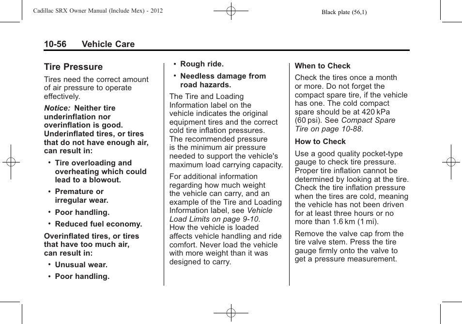 Tire pressure, Tire pressure -56, 56 vehicle care | Cadillac 2012 SRX User Manual | Page 396 / 512