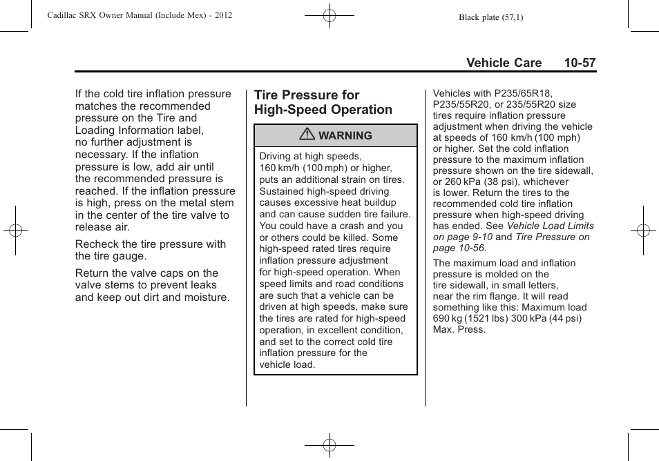 Tire pressure for high-speed operation, Tire pressure for high-speed, Operation -57 | Cadillac 2012 SRX User Manual | Page 397 / 512