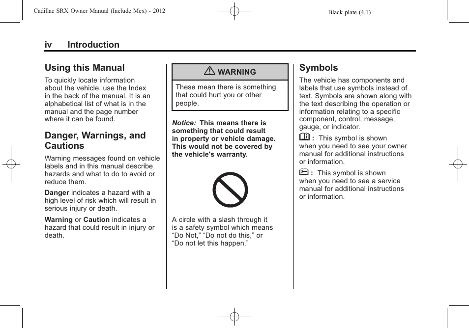 Using this manual, Danger, warnings, and cautions, Symbols | Cadillac 2012 SRX User Manual | Page 4 / 512