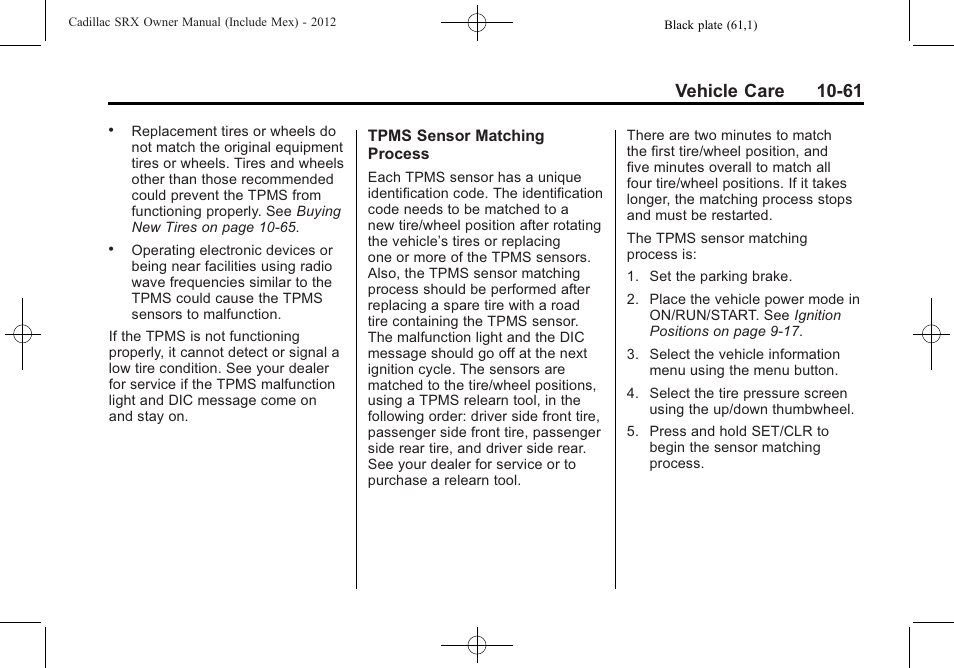 Vehicle care 10-61 | Cadillac 2012 SRX User Manual | Page 401 / 512