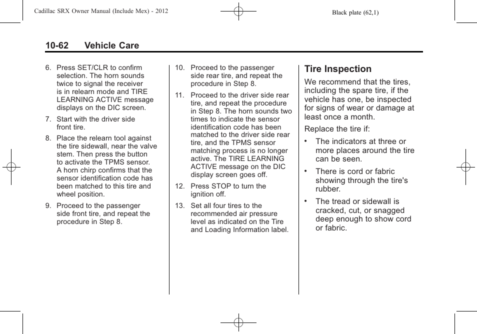 Tire inspection, Tire inspection -62, 62 vehicle care | Cadillac 2012 SRX User Manual | Page 402 / 512