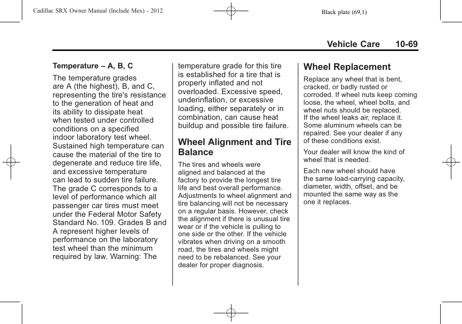 Wheel alignment and tire balance, Wheel replacement, Wheel alignment and tire | Balance -69, Wheel replacement -69, Appearance | Cadillac 2012 SRX User Manual | Page 409 / 512