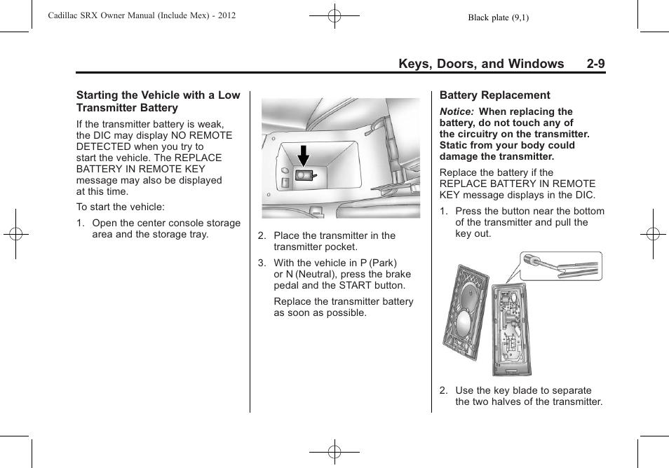 Keys, doors, and windows 2-9 | Cadillac 2012 SRX User Manual | Page 41 / 512