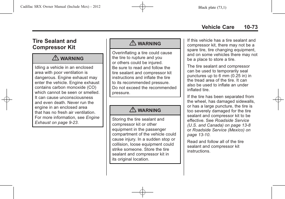 Tire sealant and compressor kit, Tire sealant and, Compressor kit -73 | Cadillac 2012 SRX User Manual | Page 413 / 512