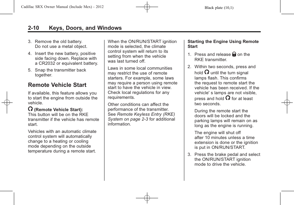 Remote vehicle start, Remote vehicle start -10 | Cadillac 2012 SRX User Manual | Page 42 / 512