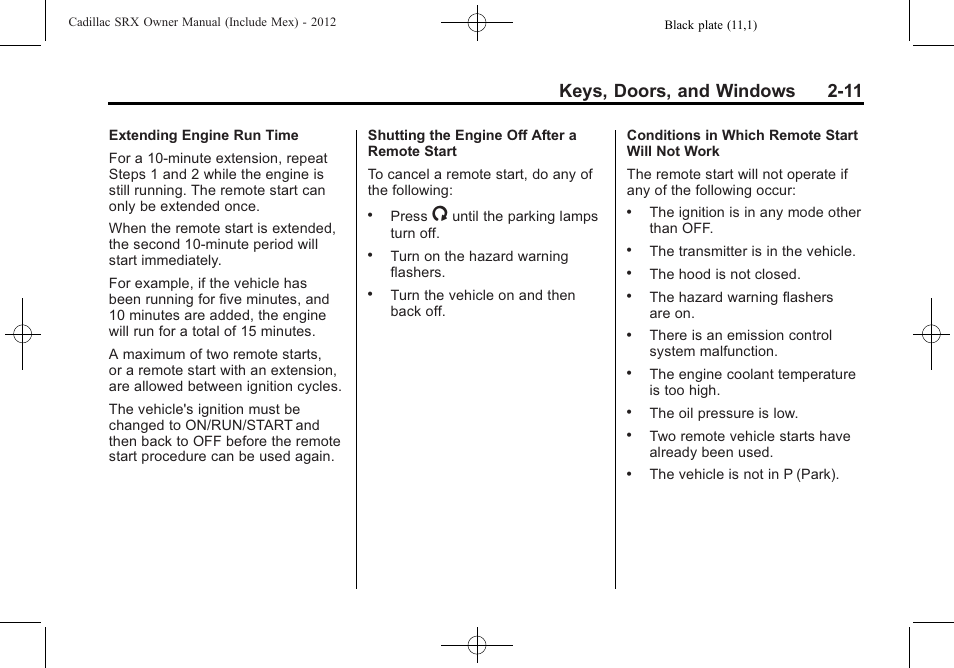 Keys, doors, and windows 2-11 | Cadillac 2012 SRX User Manual | Page 43 / 512