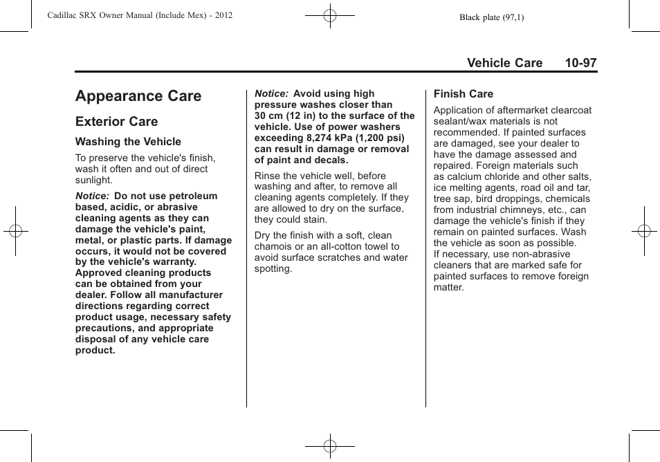 Appearance care, Exterior care, Appearance care -97 | Recommended fluids, Exterior care -97 | Cadillac 2012 SRX User Manual | Page 437 / 512