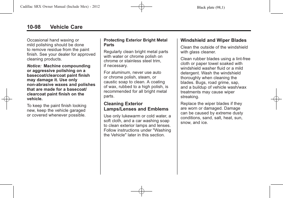 98 vehicle care | Cadillac 2012 SRX User Manual | Page 438 / 512