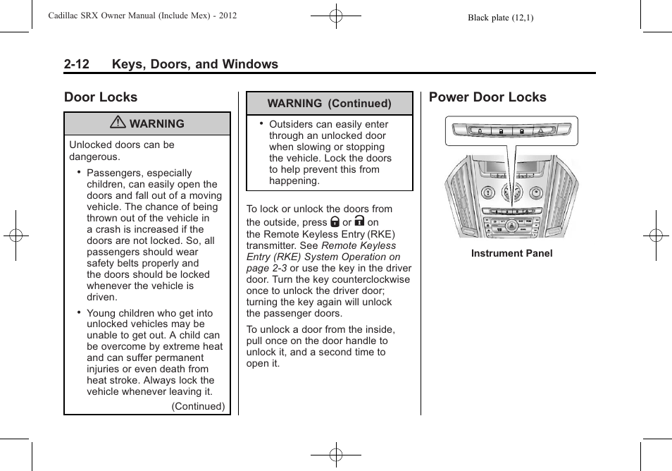 Door locks, Power door locks, Door locks -12 power door locks -12 | Automatic | Cadillac 2012 SRX User Manual | Page 44 / 512