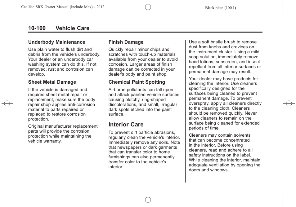 Interior care, Interior care -100 | Cadillac 2012 SRX User Manual | Page 440 / 512