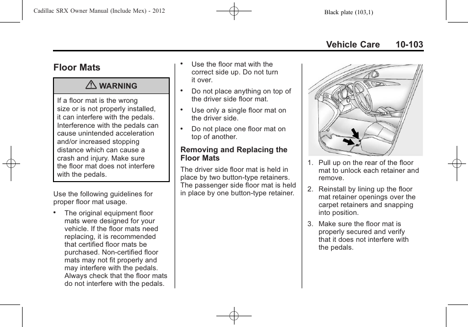 Floor mats, Floor mats -103 | Cadillac 2012 SRX User Manual | Page 443 / 512