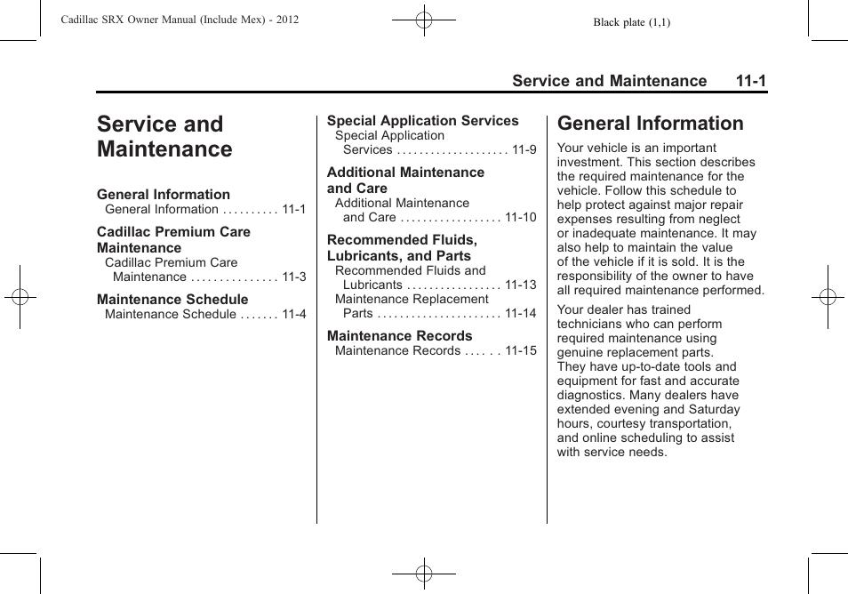 Service and maintenance, General information, Service and maintenance -1 | Information -1 | Cadillac 2012 SRX User Manual | Page 445 / 512