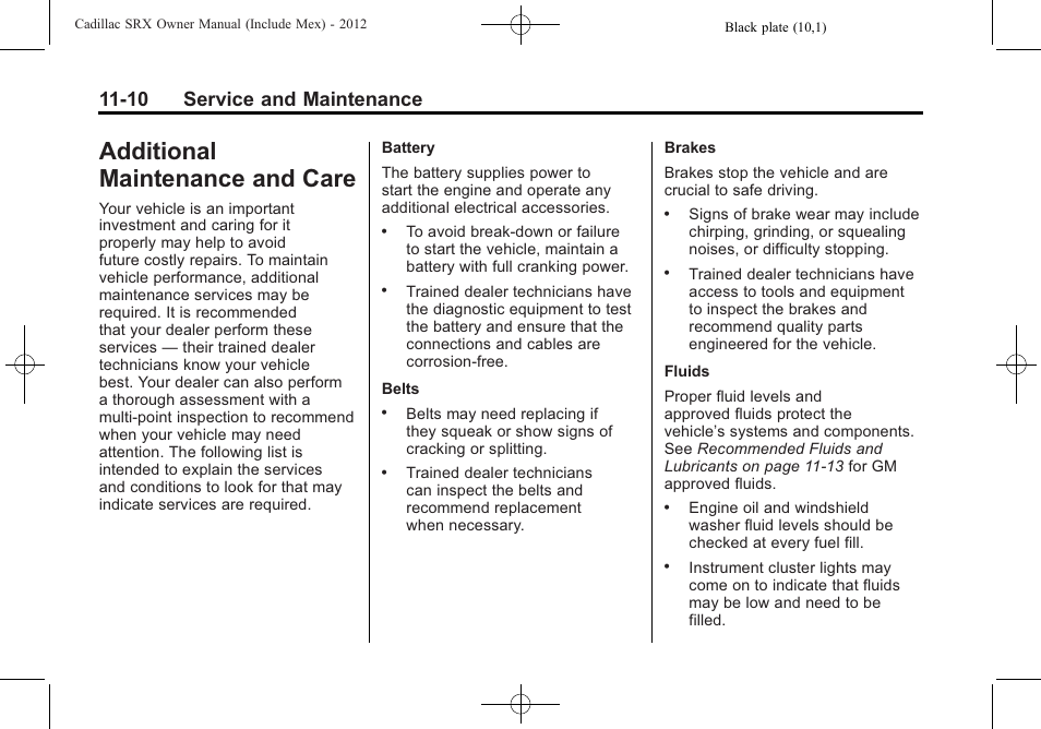 Additional maintenance and care, Additional maintenance, And care -10 | 10 service and maintenance | Cadillac 2012 SRX User Manual | Page 454 / 512