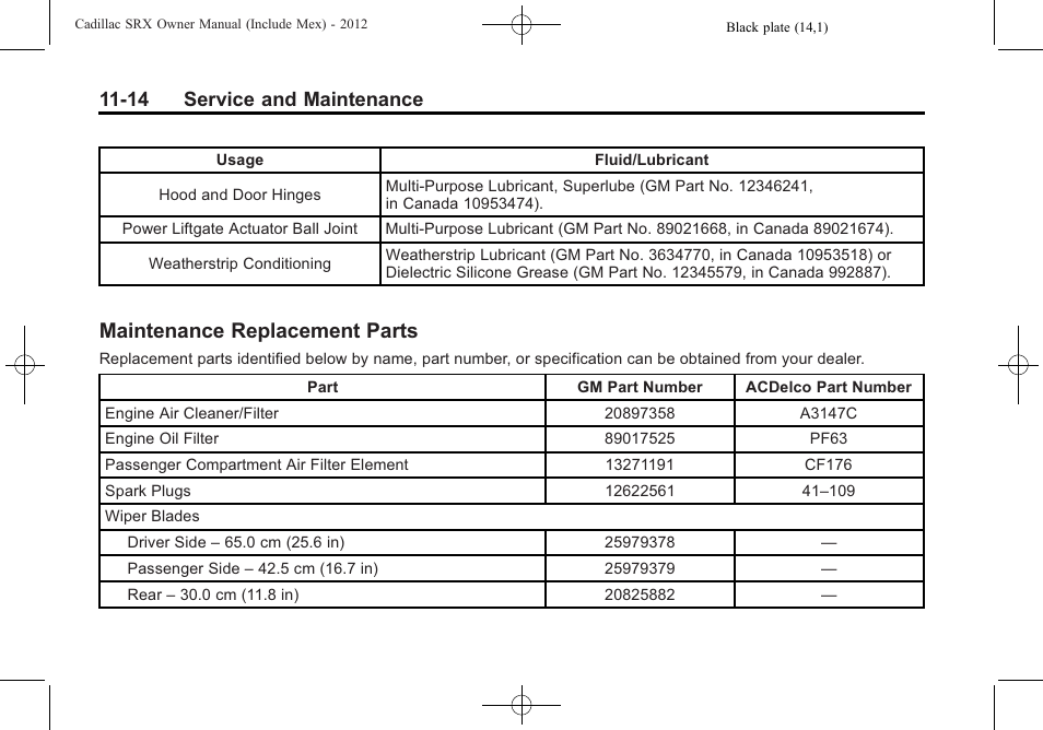 Maintenance replacement parts, Maintenance replacement, 14 service and maintenance | Cadillac 2012 SRX User Manual | Page 458 / 512