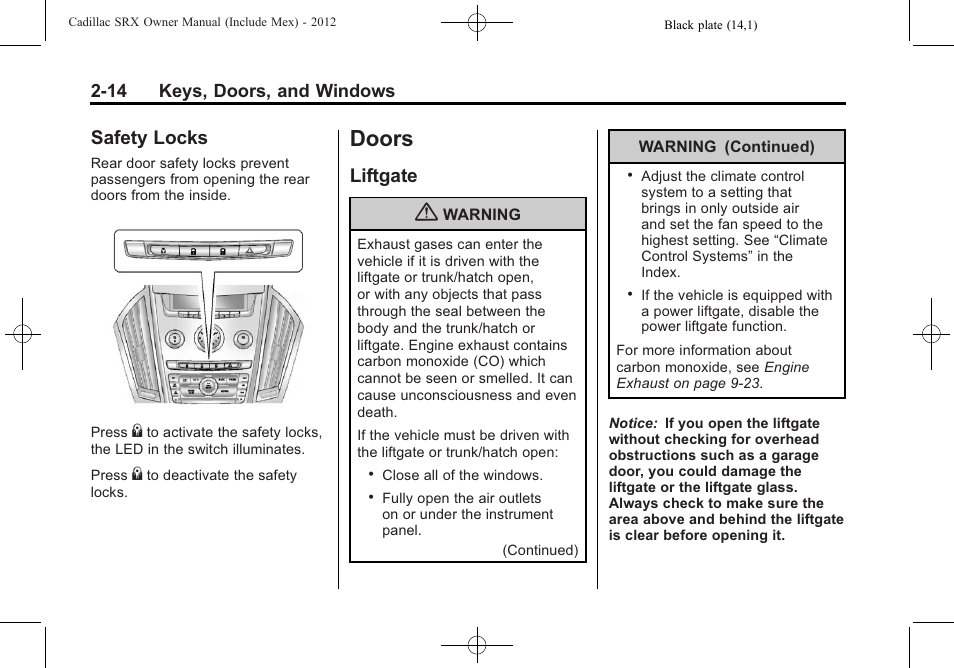 Safety locks, Doors, Liftgate | Doors -14, Vehicle messages, Safety locks -14, Liftgate -14, Manual | Cadillac 2012 SRX User Manual | Page 46 / 512
