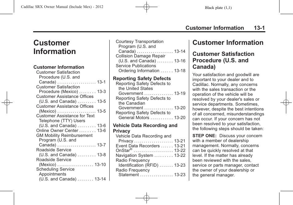 Customer information, Customer satisfaction procedure (u.s. and canada), Information -1 | Customer information -1, Customer information 13-1 | Cadillac 2012 SRX User Manual | Page 467 / 512