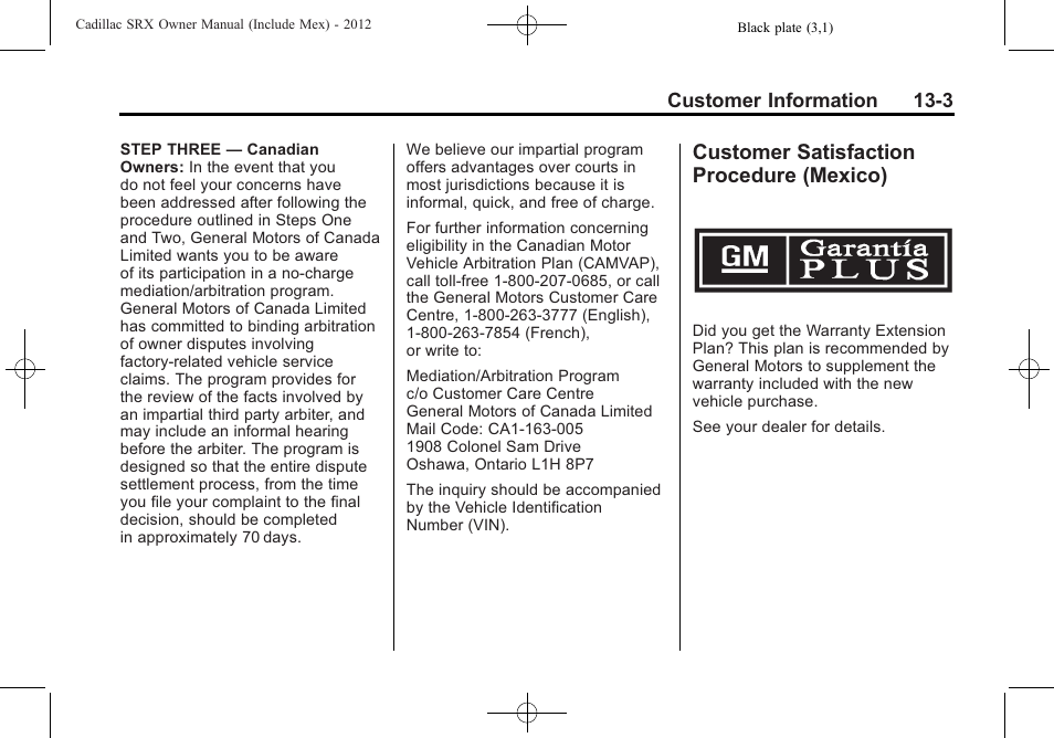 Customer satisfaction procedure (mexico), Customer satisfaction, Procedure (mexico) -3 | Cadillac 2012 SRX User Manual | Page 469 / 512