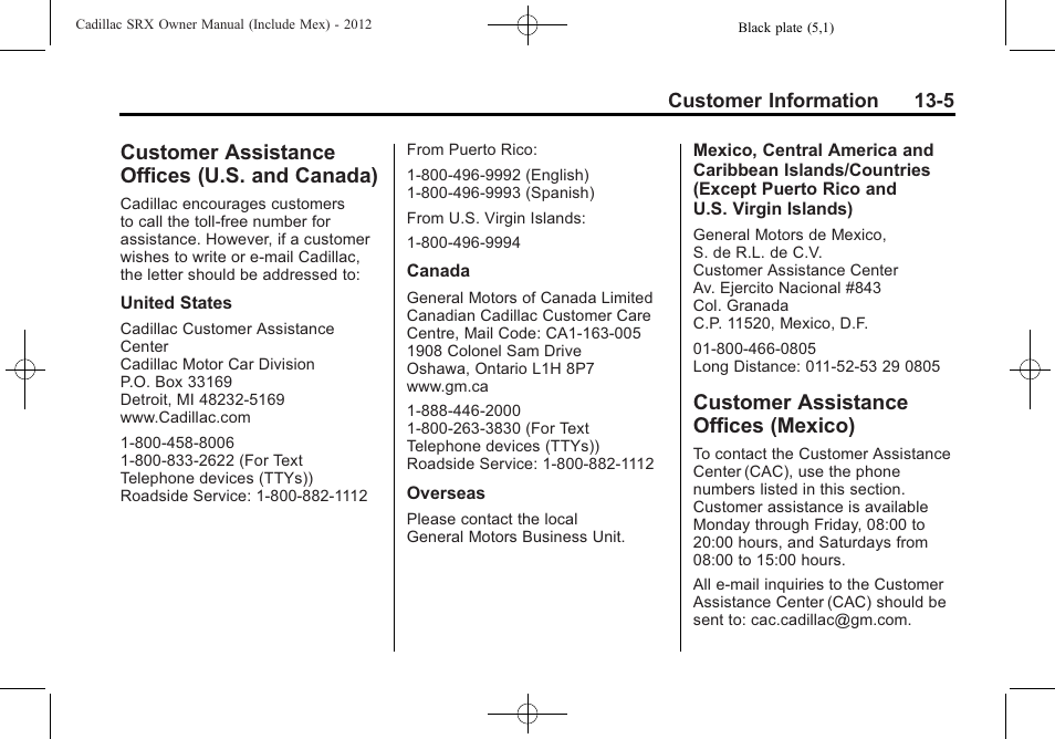 Customer assistance offices (u.s. and canada), Customer assistance offices (mexico), Customer assistance offices | U.s. and canada) -5, Mexico) -5, Reporting safety | Cadillac 2012 SRX User Manual | Page 471 / 512