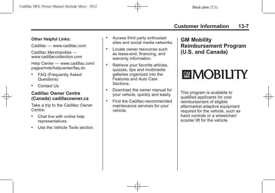 Gm mobility reimbursement, Program (u.s. and canada) -7, Customer information 13-7 | Cadillac 2012 SRX User Manual | Page 473 / 512