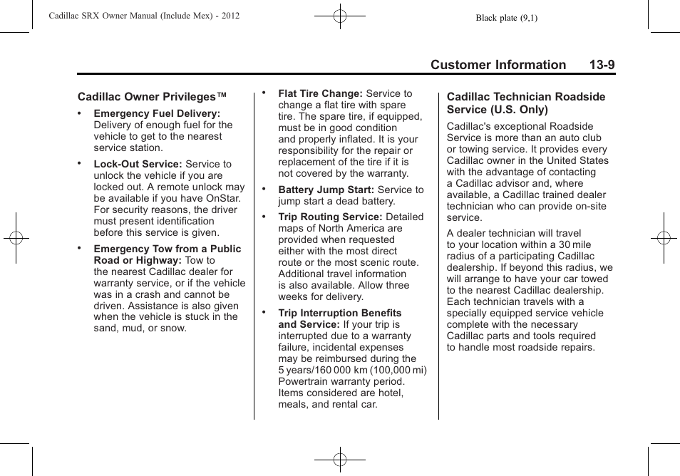 Customer information 13-9 | Cadillac 2012 SRX User Manual | Page 475 / 512