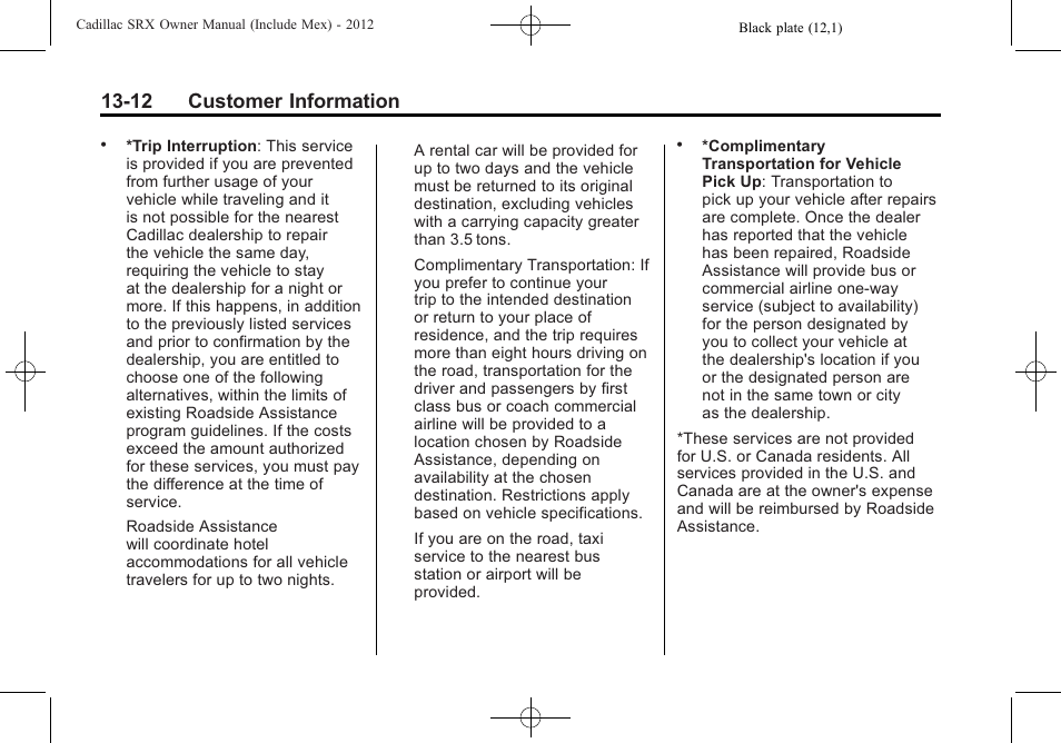 12 customer information | Cadillac 2012 SRX User Manual | Page 478 / 512