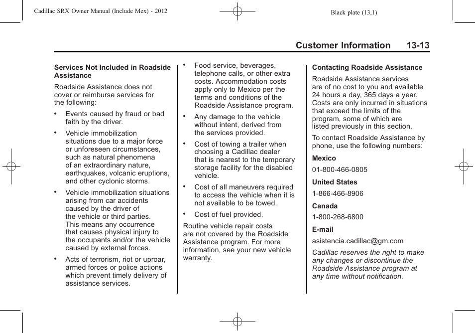 Customer information 13-13 | Cadillac 2012 SRX User Manual | Page 479 / 512