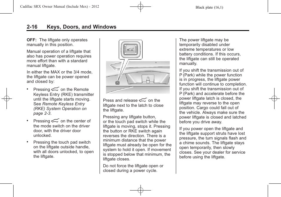 16 keys, doors, and windows | Cadillac 2012 SRX User Manual | Page 48 / 512