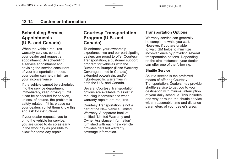 Scheduling service appointments (u.s. and canada), Courtesy transportation program (u.s. and canada), Scheduling service | Appointments (u.s. and canada) -14, Courtesy transportation, Program (u.s. and canada) -14 | Cadillac 2012 SRX User Manual | Page 480 / 512