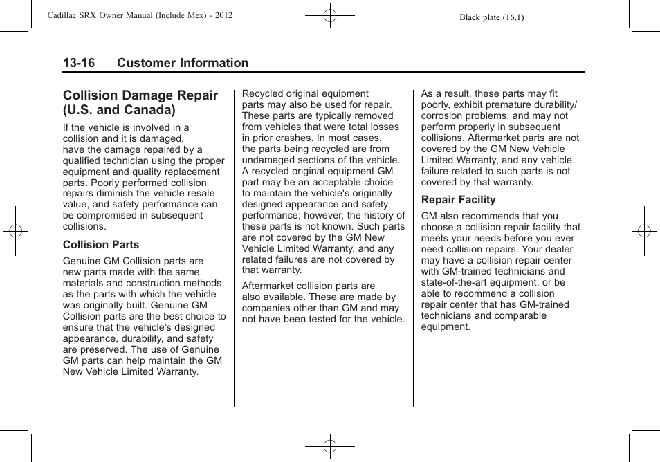 Collision damage repair (u.s. and canada), Collision damage repair, U.s. and canada) -16 | Procedure | Cadillac 2012 SRX User Manual | Page 482 / 512
