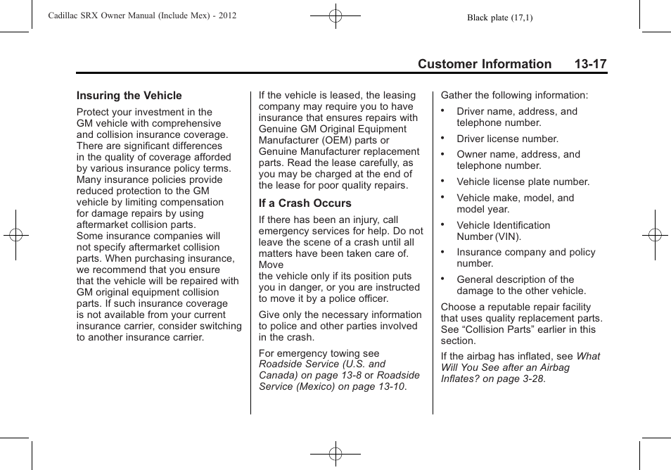 Customer information 13-17 | Cadillac 2012 SRX User Manual | Page 483 / 512