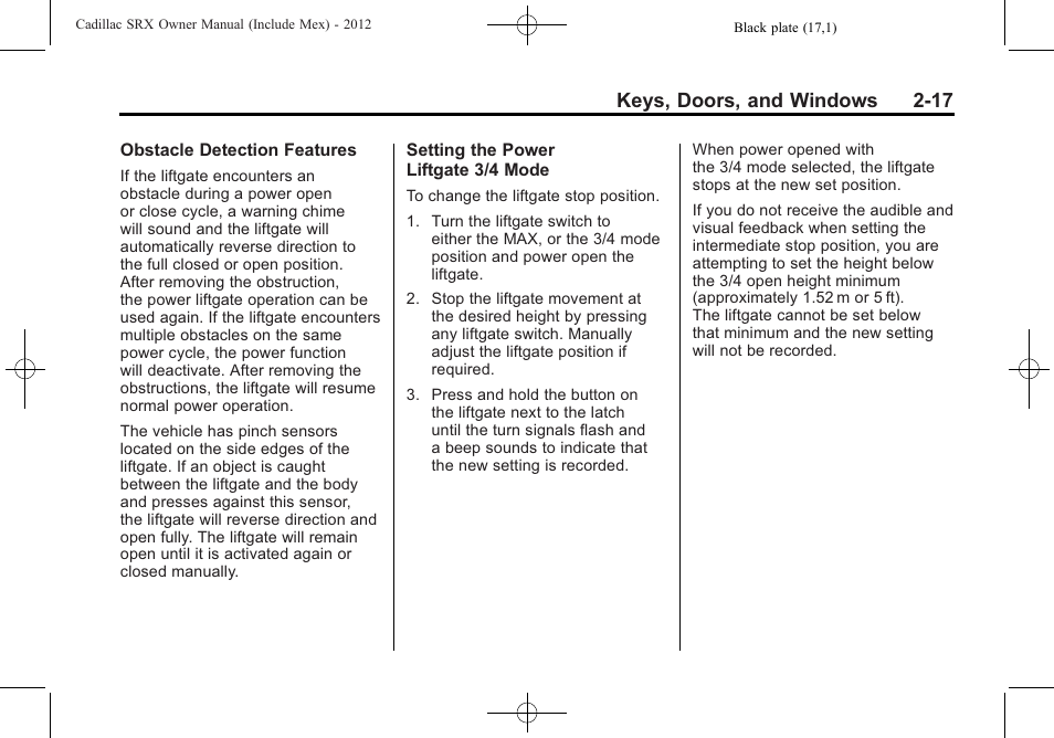 Keys, doors, and windows 2-17 | Cadillac 2012 SRX User Manual | Page 49 / 512