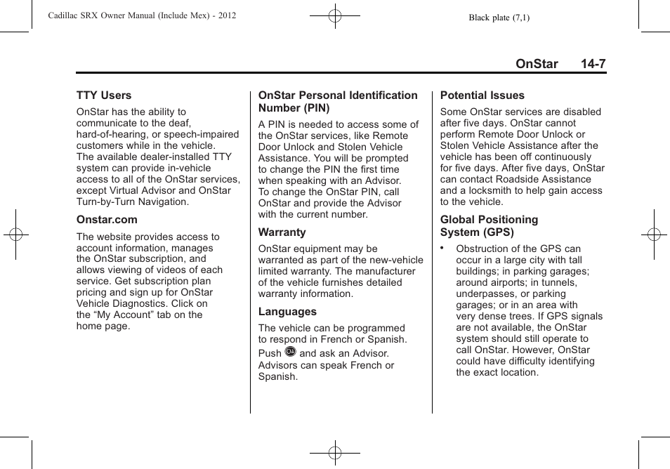 Onstar 14-7 | Cadillac 2012 SRX User Manual | Page 497 / 512