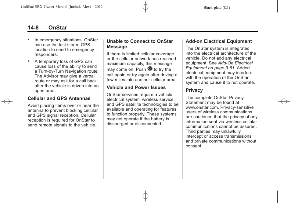 8 onstar | Cadillac 2012 SRX User Manual | Page 498 / 512