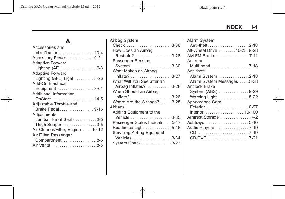 Index, Index_a, Index i-1 | Cadillac 2012 SRX User Manual | Page 499 / 512