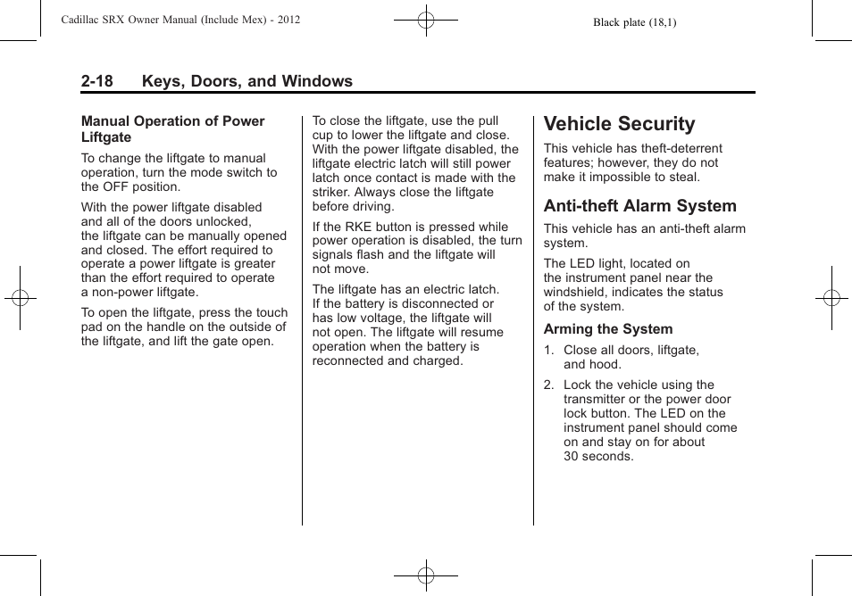 Vehicle security, Anti-theft alarm system, Vehicle security -18 | Vehicle personalization, Vehicle security -18 anti-theft alarm system -18, Windows | Cadillac 2012 SRX User Manual | Page 50 / 512