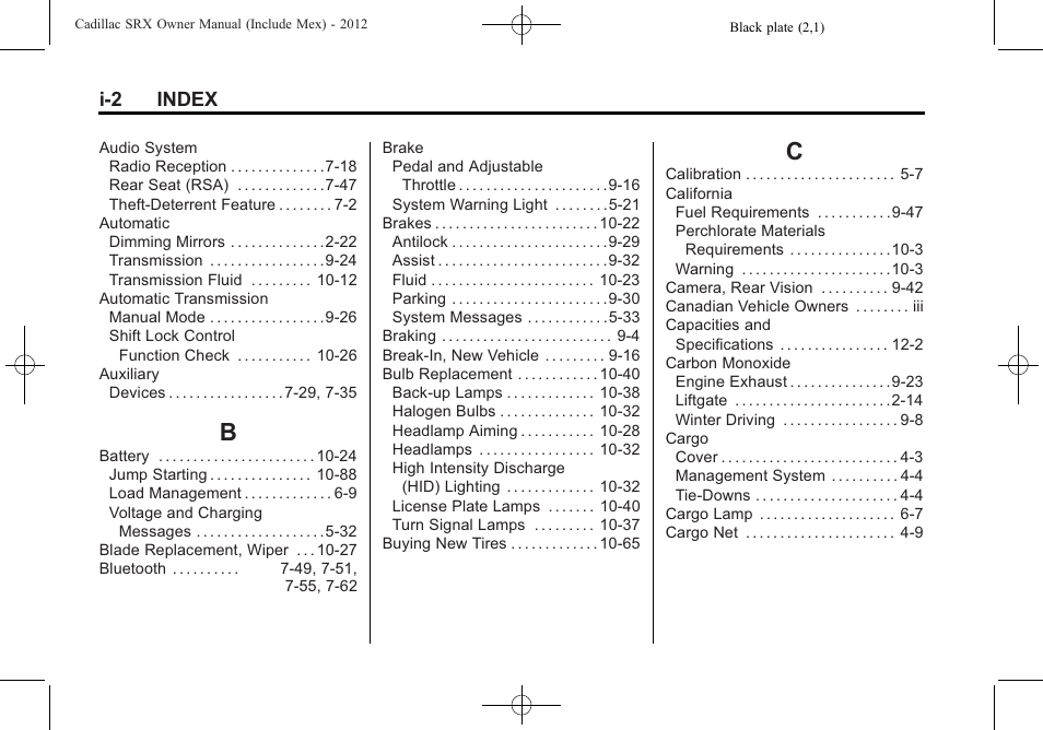 Index_b, Index_c, I-2 index | Cadillac 2012 SRX User Manual | Page 500 / 512