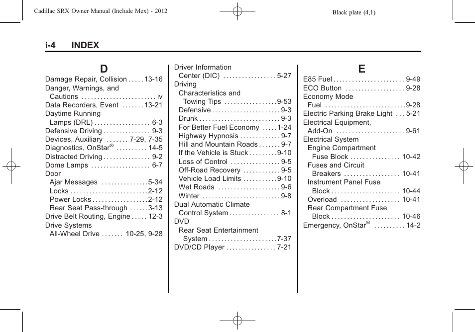 Index_d, Index_e, I-4 index | Cadillac 2012 SRX User Manual | Page 502 / 512