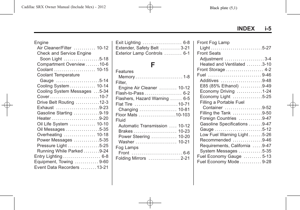 Index_f, Index i-5 | Cadillac 2012 SRX User Manual | Page 503 / 512