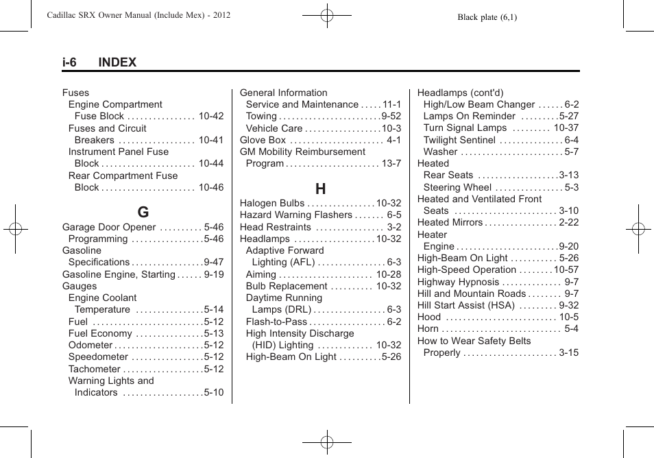 Index_g, Index_h, I-6 index | Cadillac 2012 SRX User Manual | Page 504 / 512