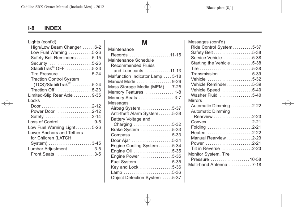 Index_m, I-8 index | Cadillac 2012 SRX User Manual | Page 506 / 512
