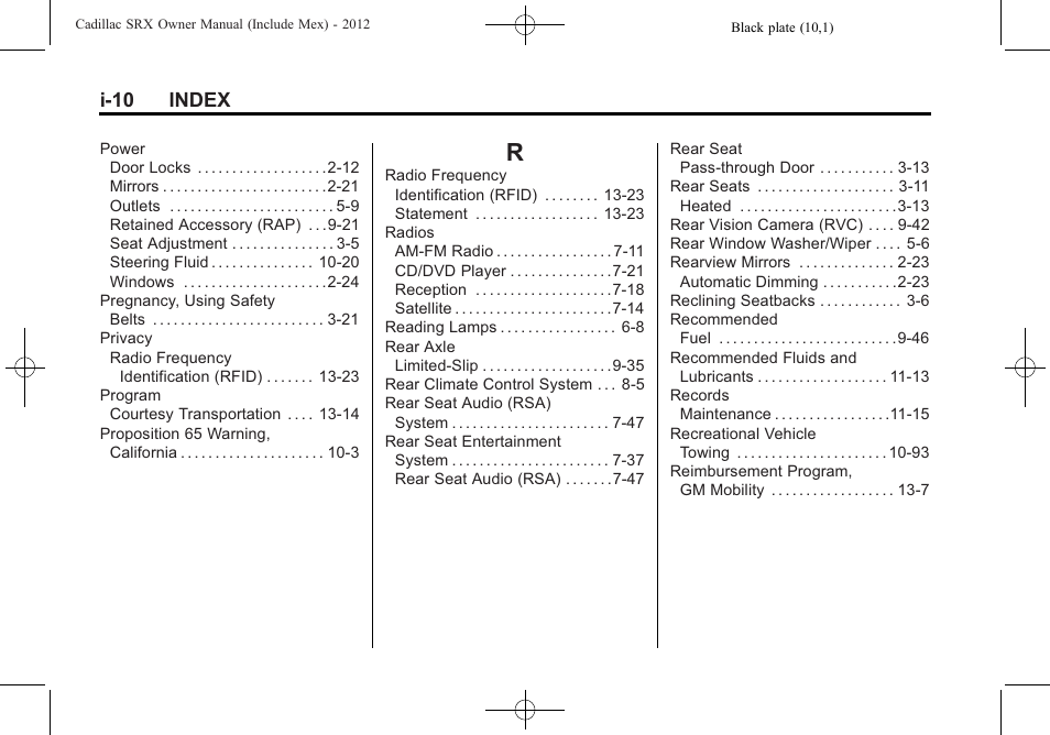 Index_r, I-10 index | Cadillac 2012 SRX User Manual | Page 508 / 512