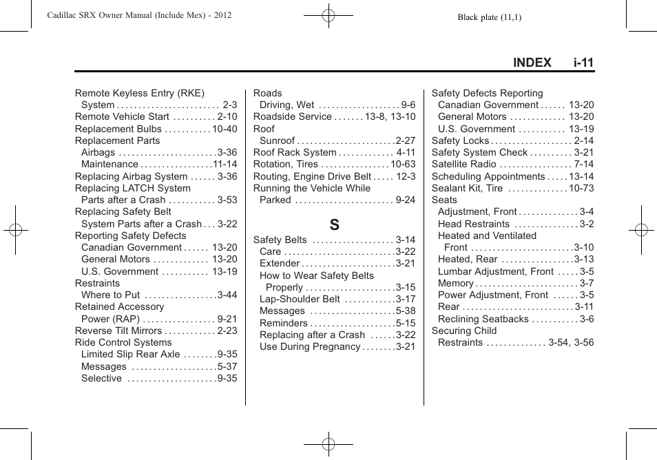 Index_s, Index i-11 | Cadillac 2012 SRX User Manual | Page 509 / 512