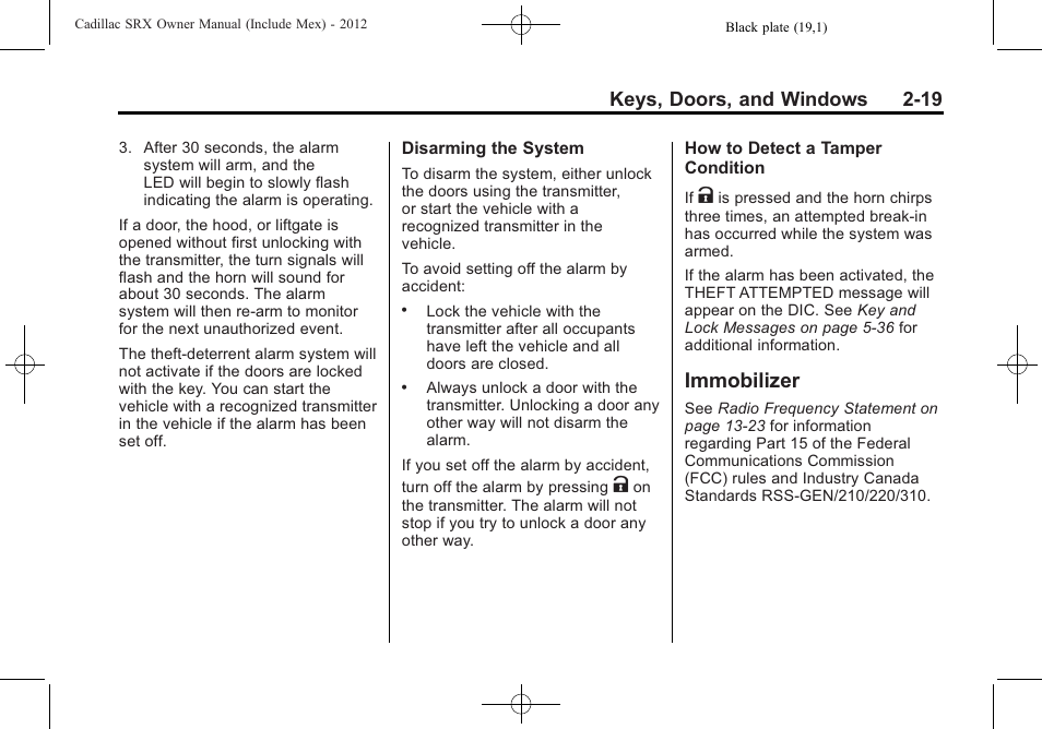 Immobilizer, Immobilizer -19, Keys, doors, and windows 2-19 | Cadillac 2012 SRX User Manual | Page 51 / 512