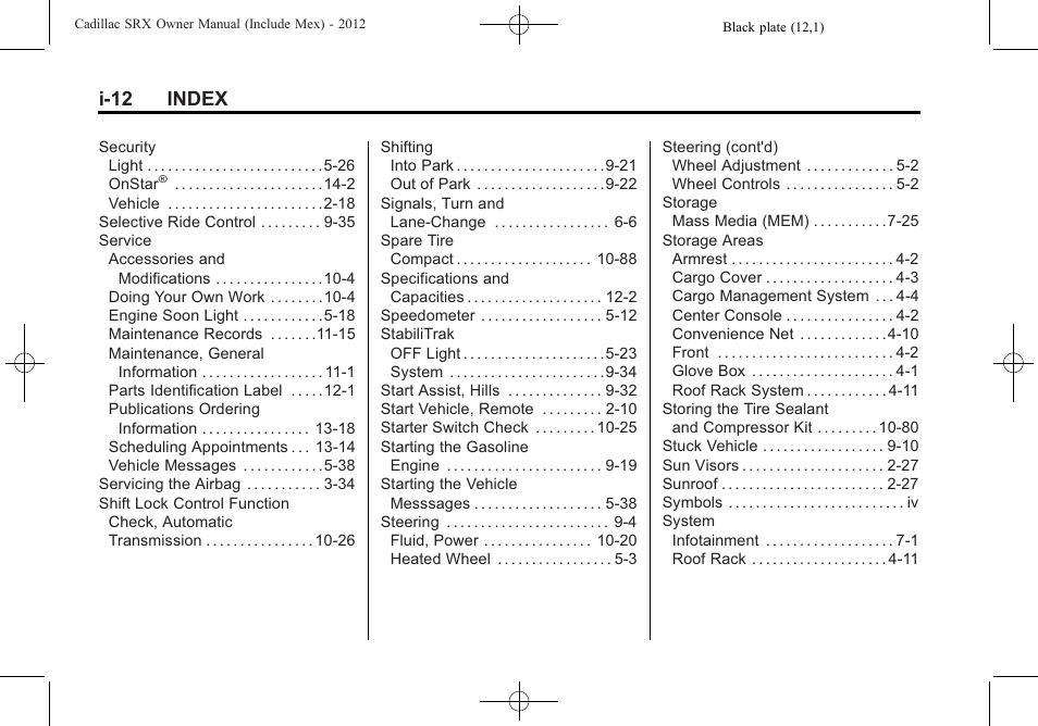 I-12 index | Cadillac 2012 SRX User Manual | Page 510 / 512