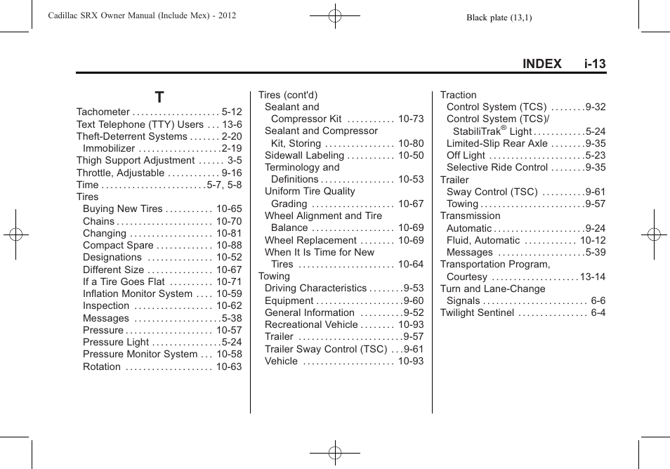 Index_t, Index i-13 | Cadillac 2012 SRX User Manual | Page 511 / 512