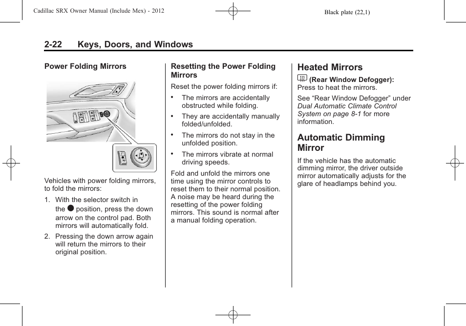 Heated mirrors, Automatic dimming mirror, Heated mirrors -22 | Dimming mirror -22, Heated mirrors 1, 22 keys, doors, and windows | Cadillac 2012 SRX User Manual | Page 54 / 512