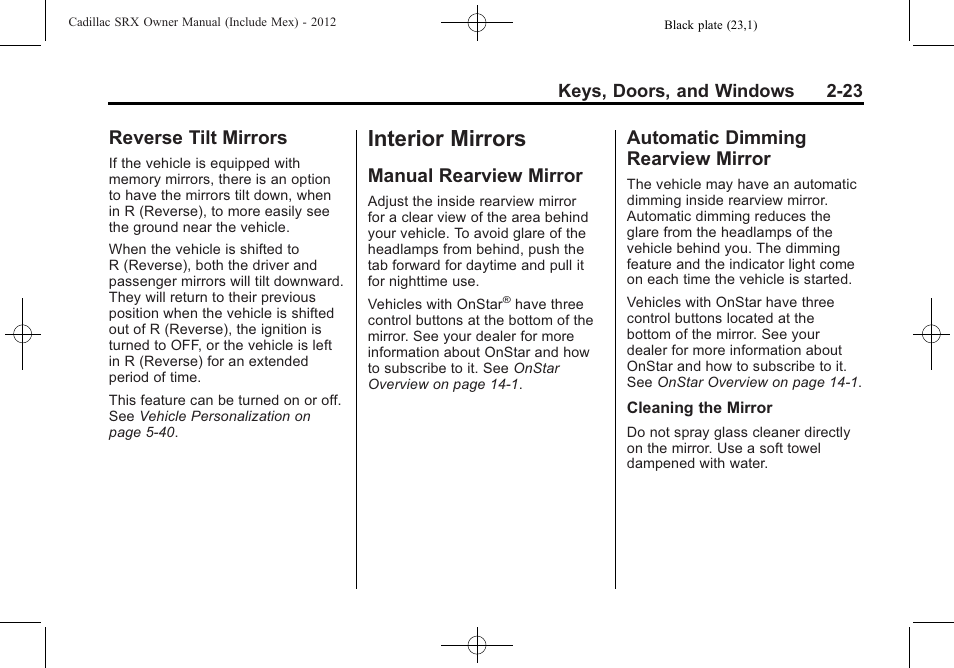 Reverse tilt mirrors, Interior mirrors, Manual rearview mirror | Automatic dimming rearview mirror, Interior mirrors -23, Reverse tilt mirrors -23, Rearview mirror -23 automatic dimming rearview, Mirror -23 | Cadillac 2012 SRX User Manual | Page 55 / 512
