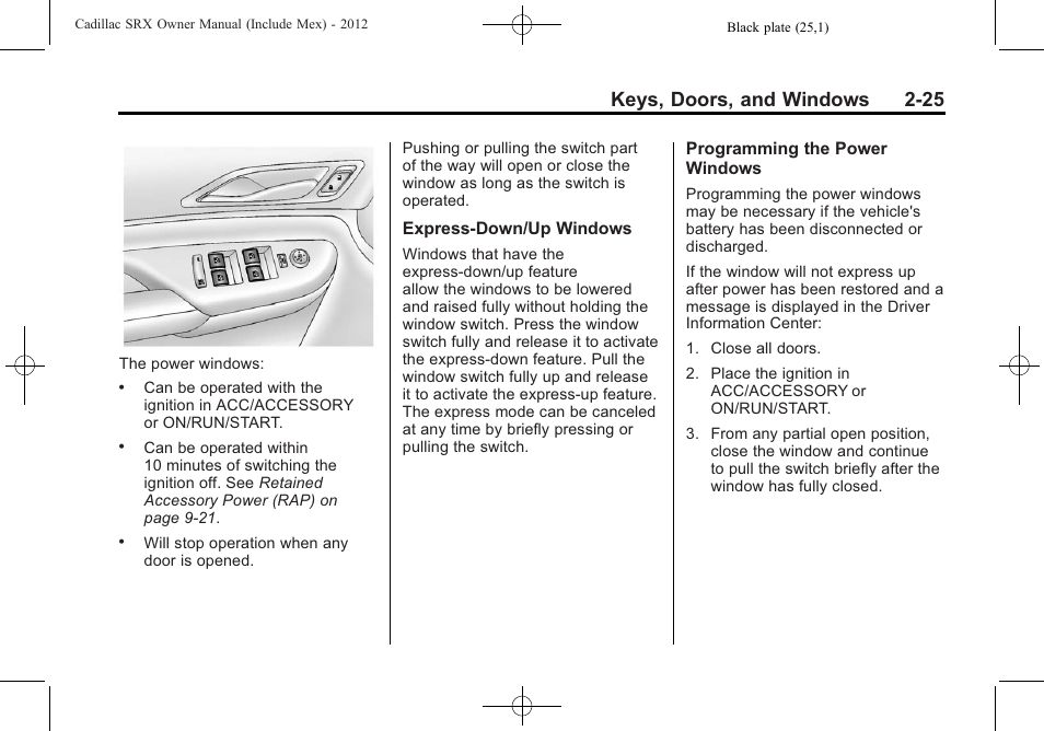 Keys, doors, and windows 2-25 | Cadillac 2012 SRX User Manual | Page 57 / 512