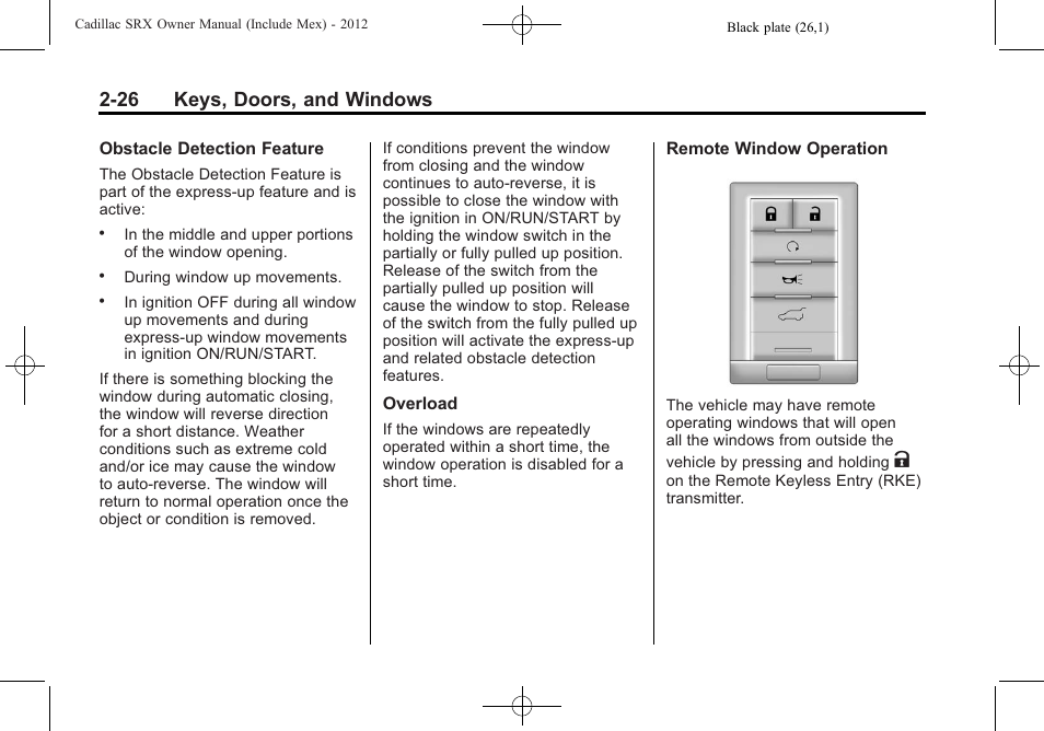 26 keys, doors, and windows | Cadillac 2012 SRX User Manual | Page 58 / 512