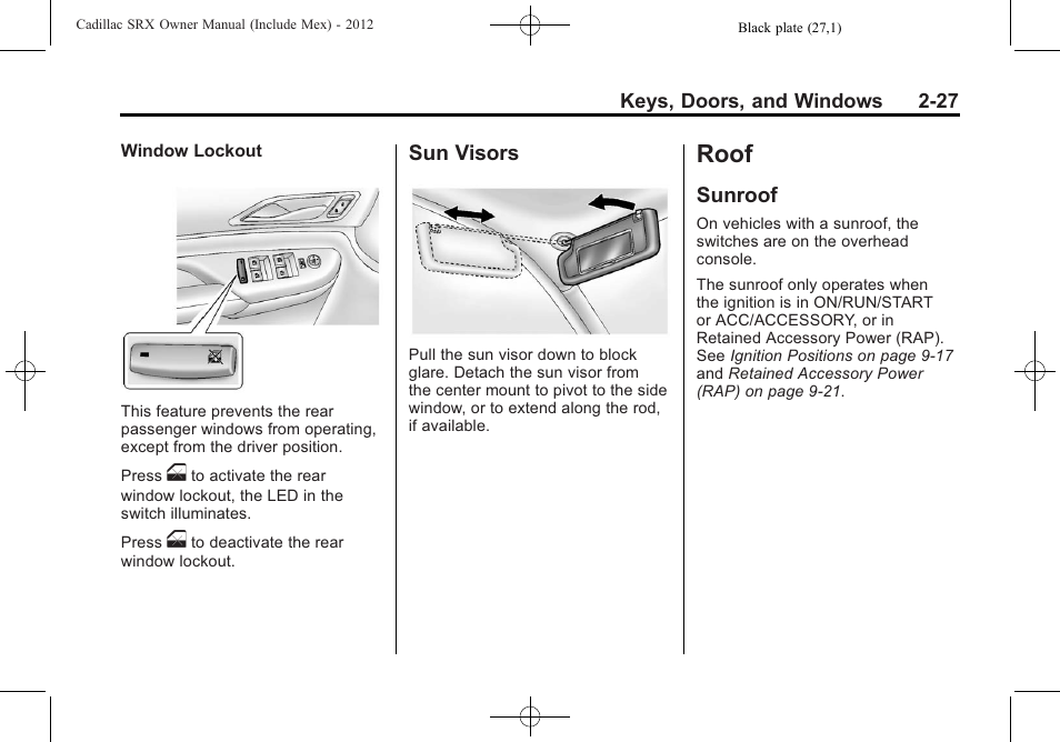 Sun visors, Roof, Sunroof | Roof -27, Sun visors -27, Sunroof -27 | Cadillac 2012 SRX User Manual | Page 59 / 512